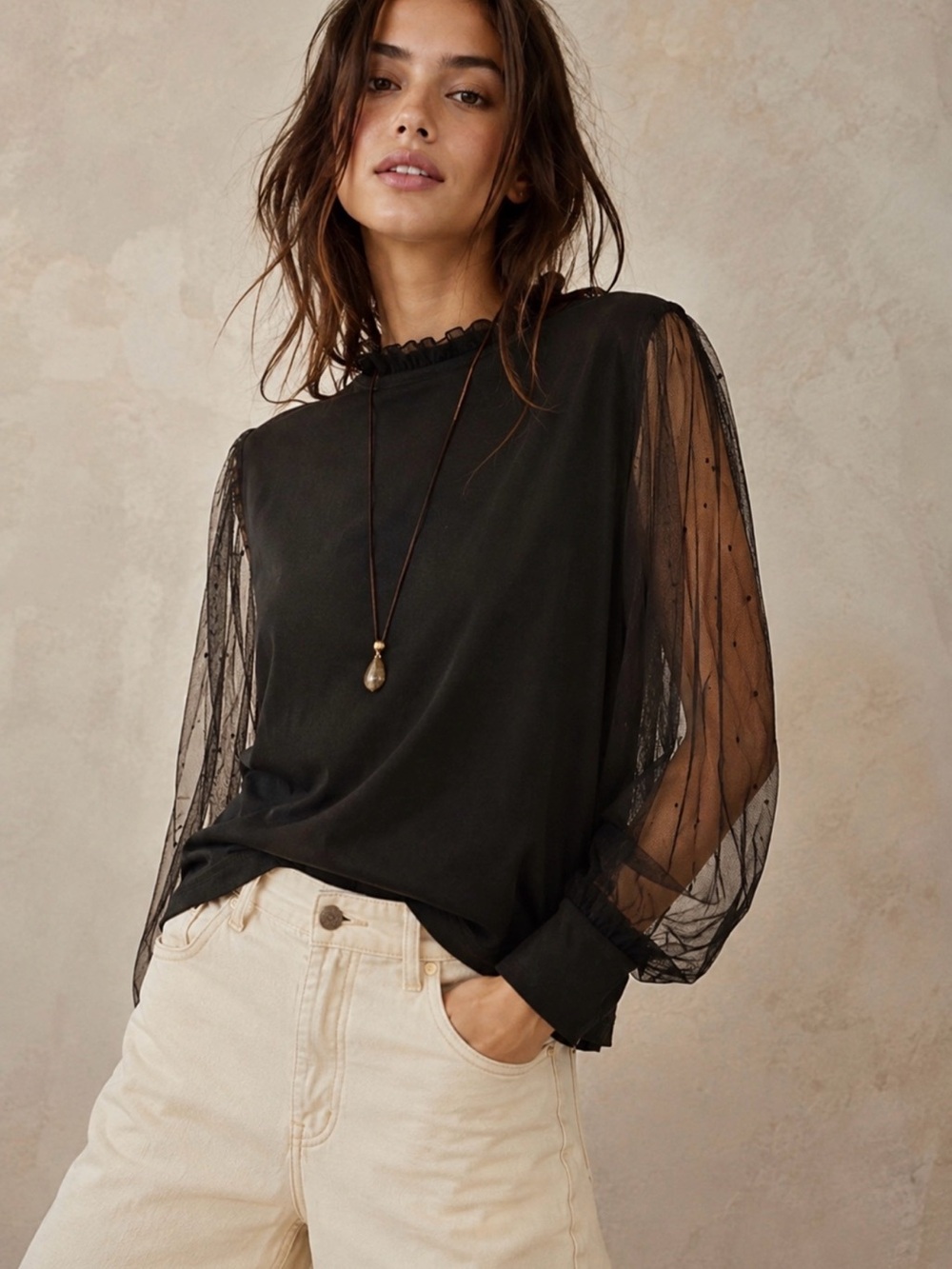 Free People Black Sheer Puff-Sleeve Blouse